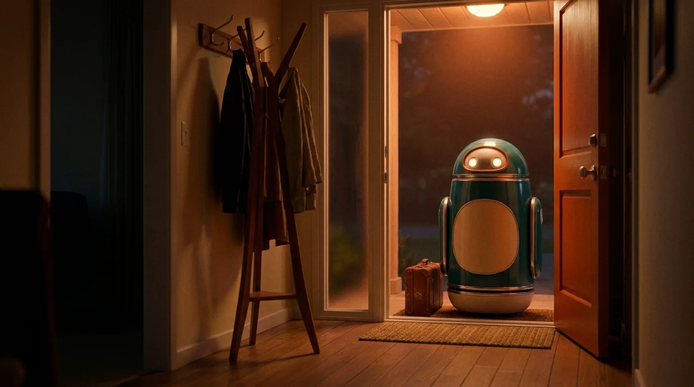 A front door standing ajar at night, warm light spilling out