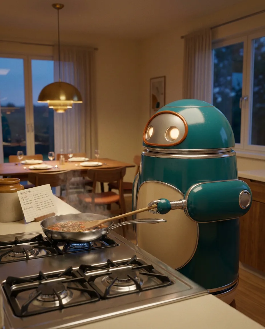 HOMER plating dinner in a warm evening kitchen