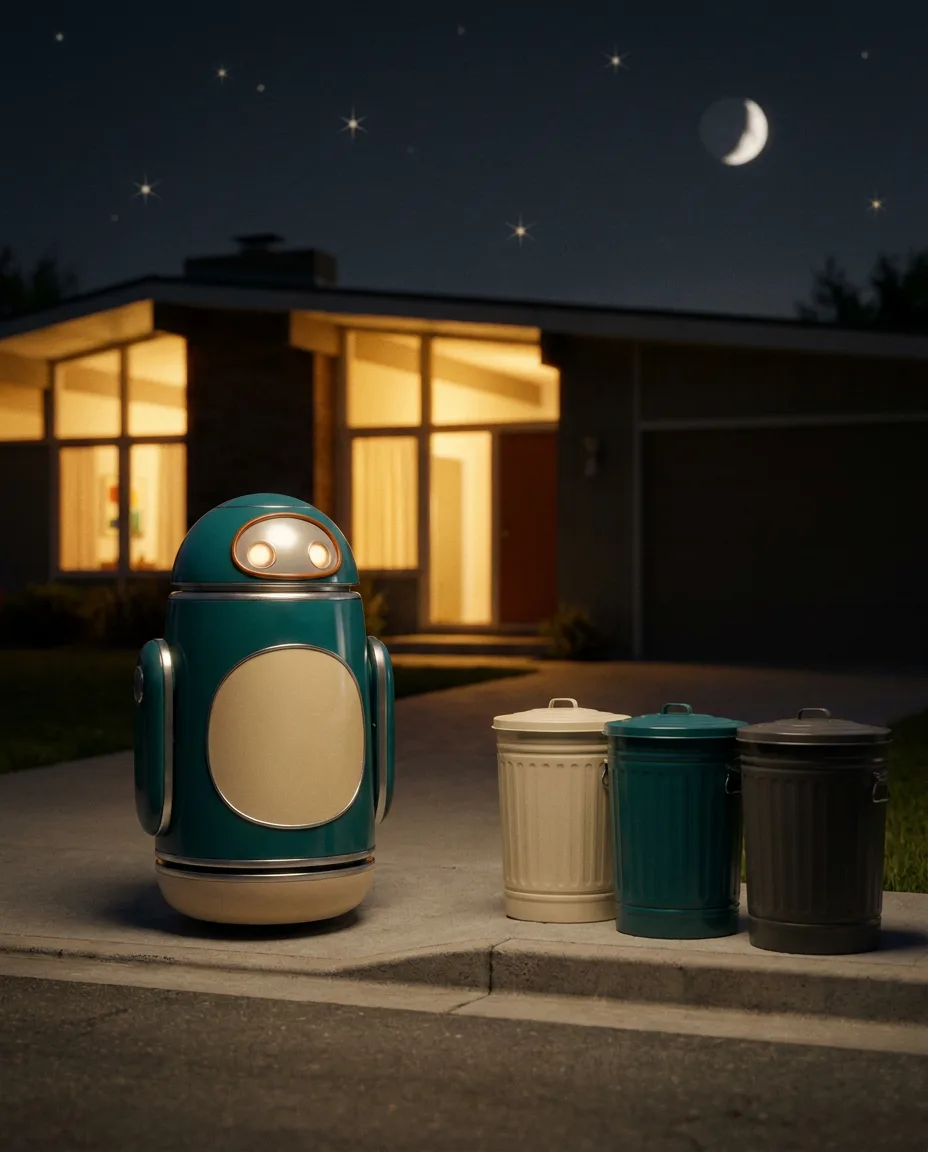 HOMER rolling the bins to the curb under the evening sky